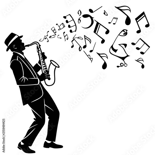 Sticker Silhouette musician plays saxophone with musical notes and staves, jazz performance and celebration, black and white vector illustration for entertainment and design