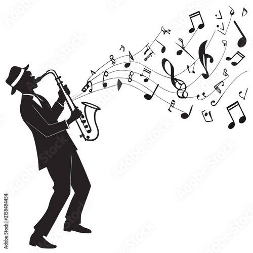Sticker Silhouette musician plays saxophone with musical notes and staves, jazz performance and celebration, black and white vector illustration for entertainment and design