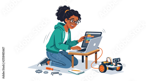 Young girl programming a robot with a laptop