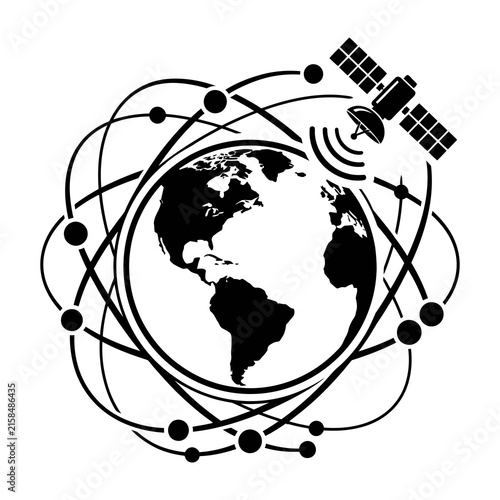 Black and white satellite orbiting earth with communication signal waves and data transmission lines