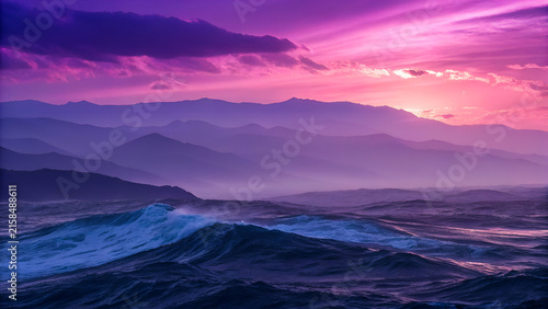 Vibrant purple sunset over mountain range and ocean waves. Dreamy twilight landscape with pink clouds and misty hills. Cinematic sea horizon at dusk for travel and nature backgrounds.