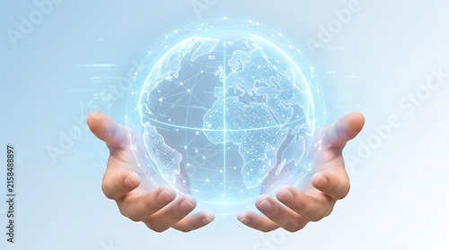 Businessman holding global network on planet earth 3D rendering. High quality image