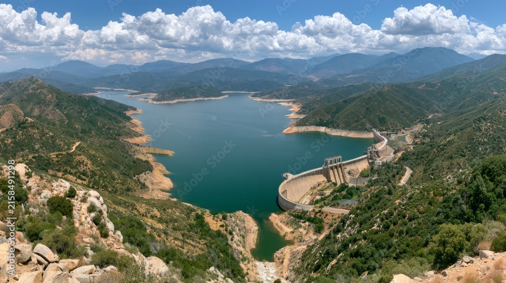 Fototapeta premium Breathtaking Aerial View of a Hydroelectric Dam Surrounded by Mountains and Lush Greenery Under a Blue Sky with Puffy White Clouds