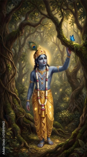 Lord krishna standing in magical forest with butterfly for indian festival.