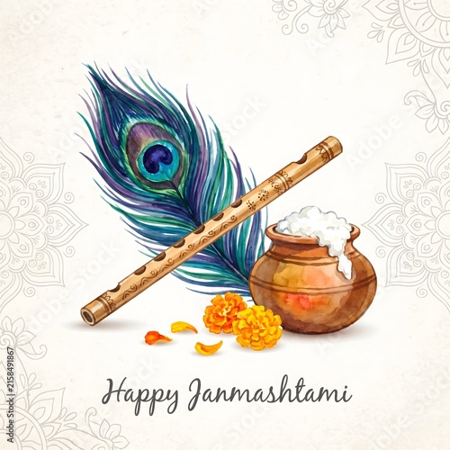 Watercolor art with flute peacock feather and butter pot for janmashtami.
