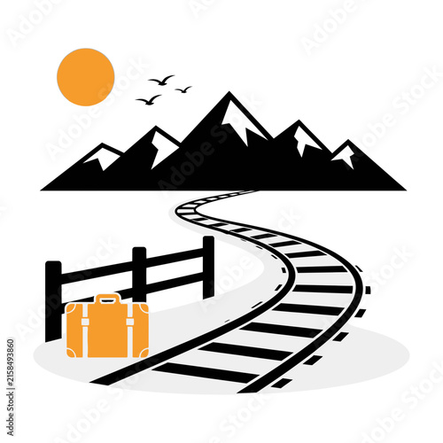 Orange suitcase beside railway tracks leading to snowy mountains with sun and birds