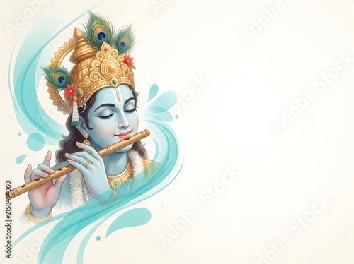 lord krishna playing flute with peacock feathers in golden crown illustration.