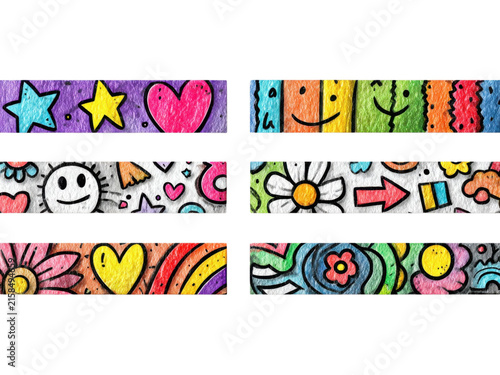 Colorful doodle washi tape borders with hand drawn hearts and stars for scrapbooking elements.