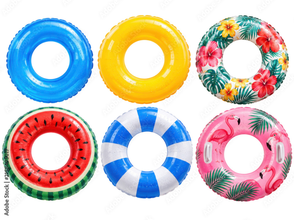 Fototapeta premium Colorful inflatable swim rings for pool fun and summer vacation.