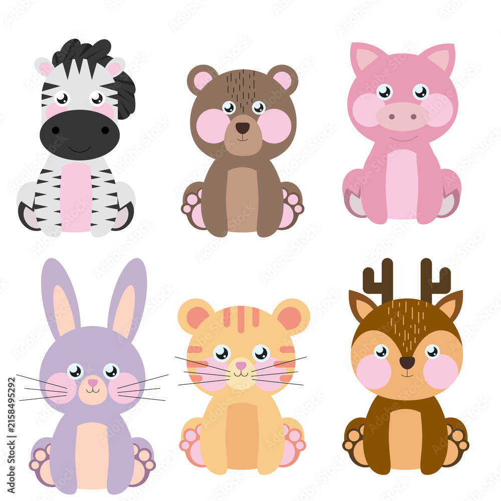 Fototapeta premium Set of flat vector illustrations. Forest and domestic animals, coloring page.