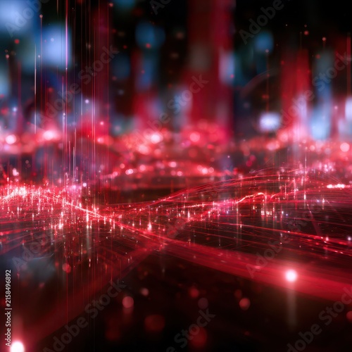 Abstract Glowing City Lights with Futuristic Data Waves, Fractal Patterns and Cyber Technology Background at Night
