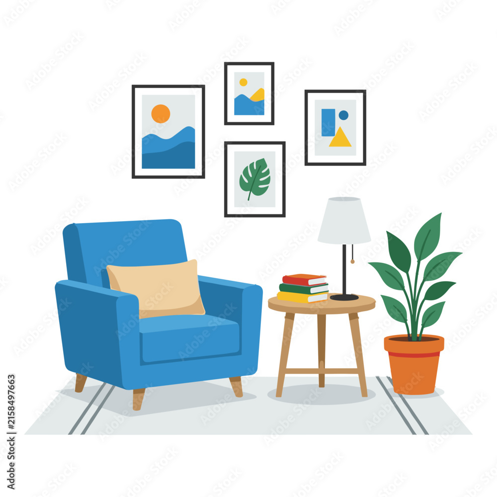 Fototapeta premium Modern living room interior with blue armchair and plants