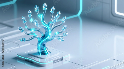 Visualizing glowing neural glass network representing digital Innovation Ecosystem on futuristic white surface in laboratory room from close-up view
