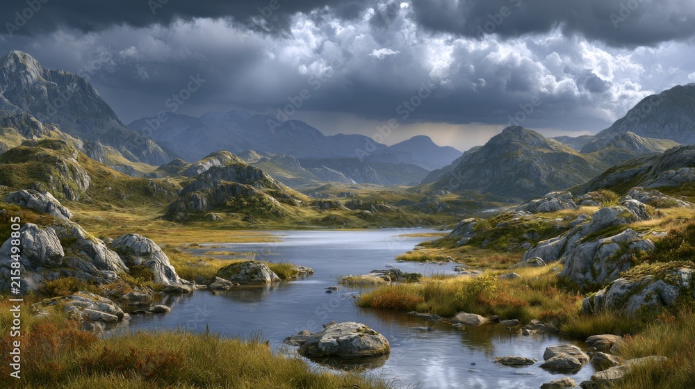 Obraz premium Serene Landscape with Dramatic Clouds and Reflective Water Among Lush Greenery and Majestic Mountains in a Remote Natural Setting