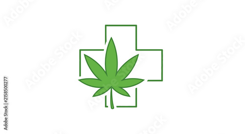 Minimalist green medical cross icon with a marijuana leaf symbol for healthcare and cannabis industry.