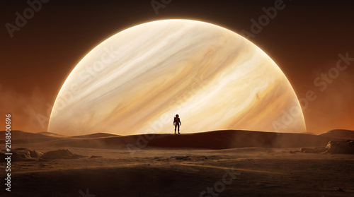 Lonely monolith standing on a dark planet surface with a massive glowing gas giant