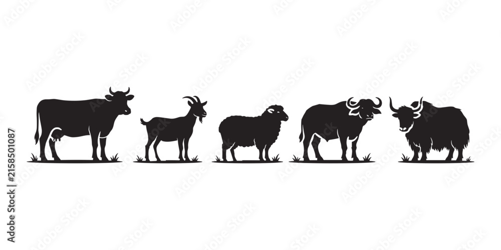 Fototapeta premium Farm Animal Silhouette Collection Featuring Cow Goat Sheep Buffalo and Yak Isolated on White Background