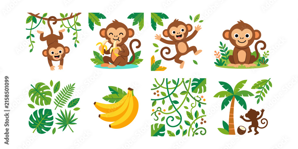 Obraz premium Cute Jungle Monkey Cartoon Illustration Set with Tropical Leaves, Vines and Banana Elements
