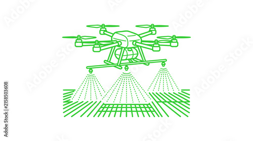 Green agricultural drone spraying crops in the field during daytime representing smart farming technology and precision agriculture methods for sustainable crop production and future food growth