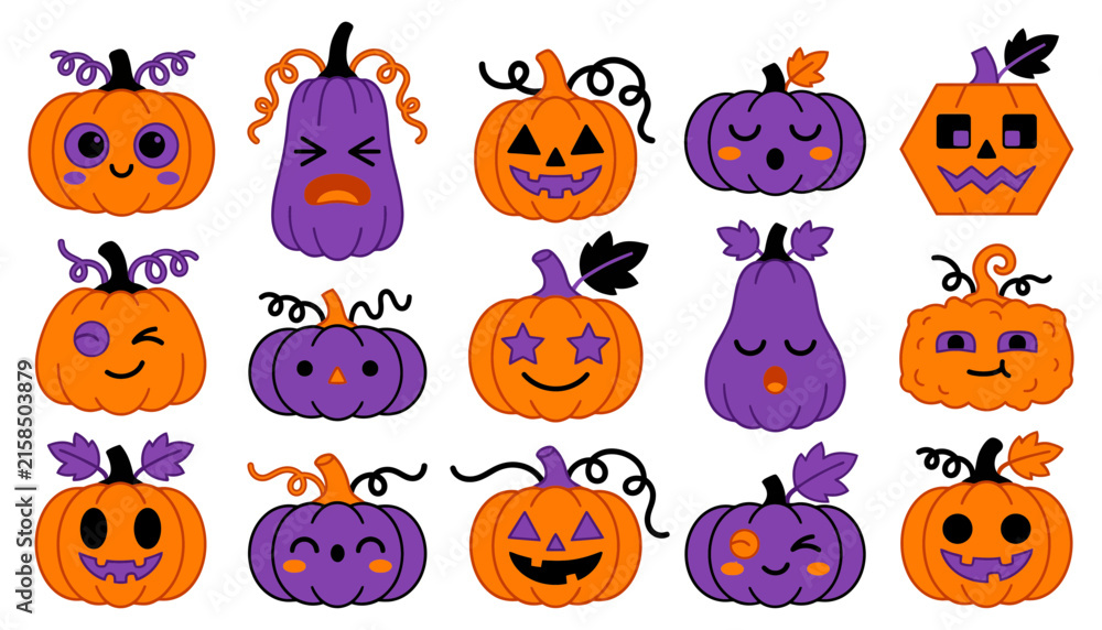 Obraz premium A delightful collection of whimsical halloween pumpkins and gourds perfect for festive autumn decorations and spooky celebrations