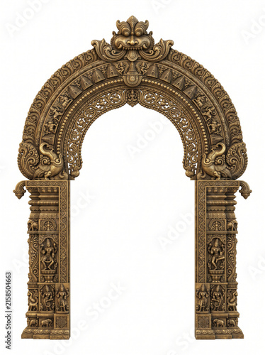Traditional South Indian temple torana with rounded crown, bead borders and bronze relief carving