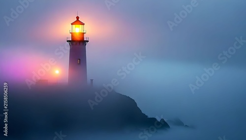 Mystical lighthouse glowing through foggy coastal mist at dusk