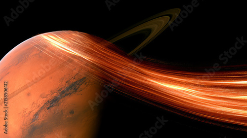 Mars and glowing solar wind particles, planetary activity concept
