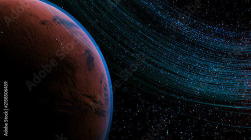Mars and glowing solar wind particles, planetary activity concept