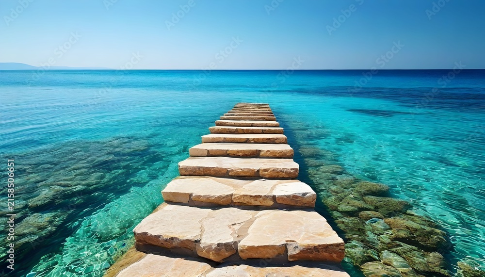 Fototapeta premium Serene wooden pier extending into crystal-clear turquoise ocean under bright sky