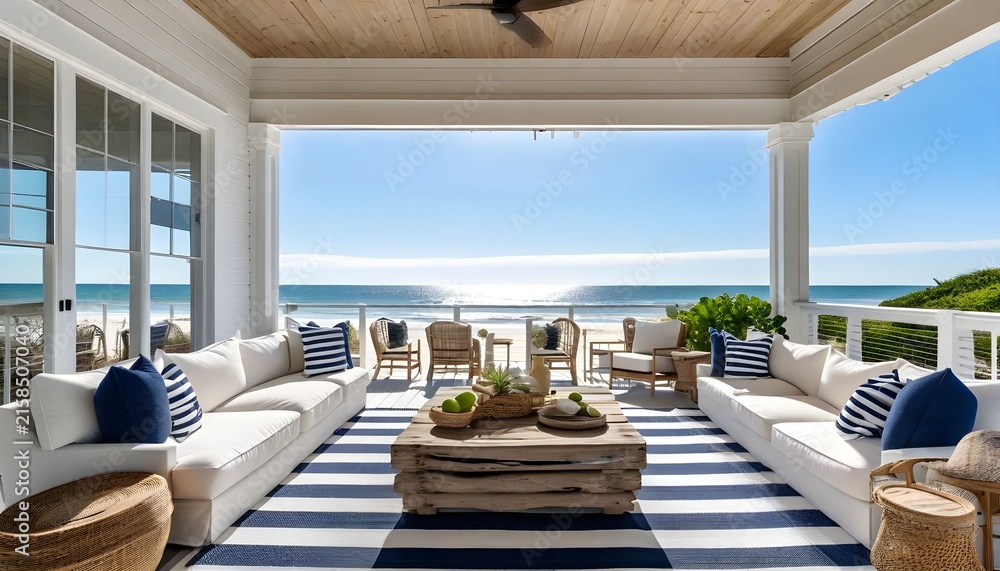 Fototapeta premium Modern luxury patio overlooking ocean with stylish outdoor living furniture and ceiling fan