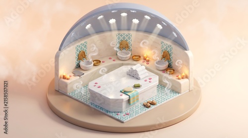 Turkish bath interior with massage table and steam.