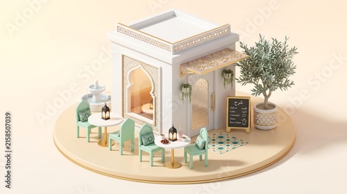 Isometric arabian cafe miniature with outdoor seating and decorative details.