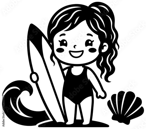 Photography A cute cartoon girl character standing on the sandy beach next to a surfboard and seashell
