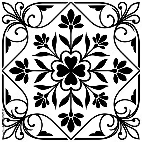 A sophisticated monochrome floral motif featuring stylish symmetrical botanical arrangements.