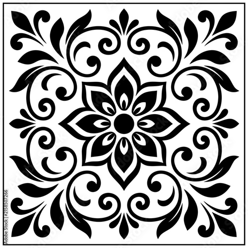 An intricate monochrome floral ornament layout featuring symmetrical swirling leaves.