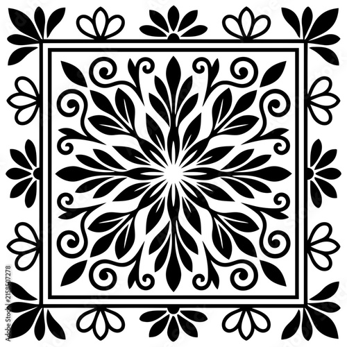An stylish square ornamental frame featuring a symmetrical botanical floral design.