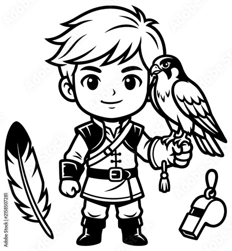 An adorable chibi manner rendering of a young falconer boy with his bird companion.