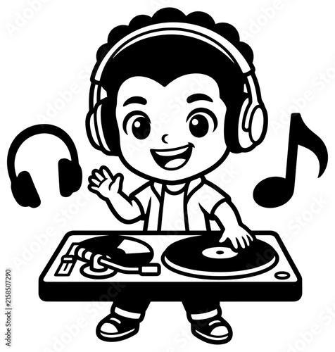 A cute cartoon rendering of a happy boy dj playing records while wearing headphones.