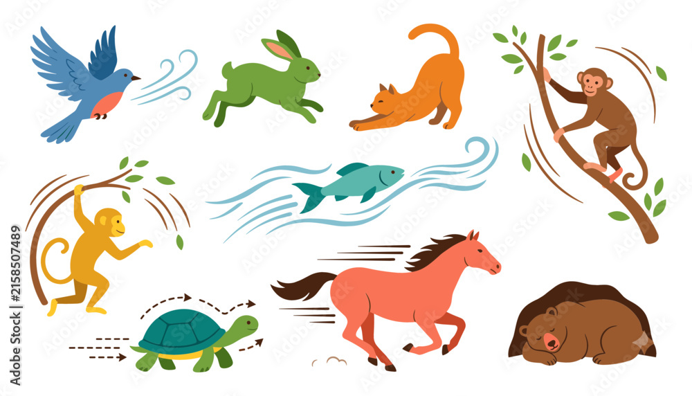 Obraz premium Animal Locomotion and Movement Styles Vector Set Illustrating Flying Running Jumping Swimming Climbing and Hibernating Actions for Biology Science Education Infographics