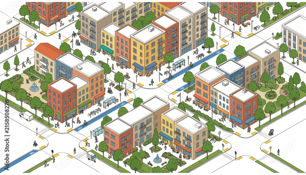 Fototapeta premium Isometric Urban Smart City Map Vector with Mixed Use Commercial Buildings Residential Blocks Pedestrian Street Intersections Parks and Infrastructure Layout Designs