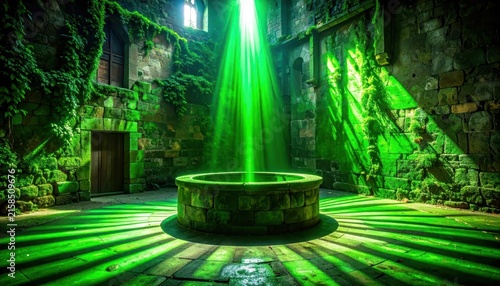 Glowing green light rays hitting ancient stone well.