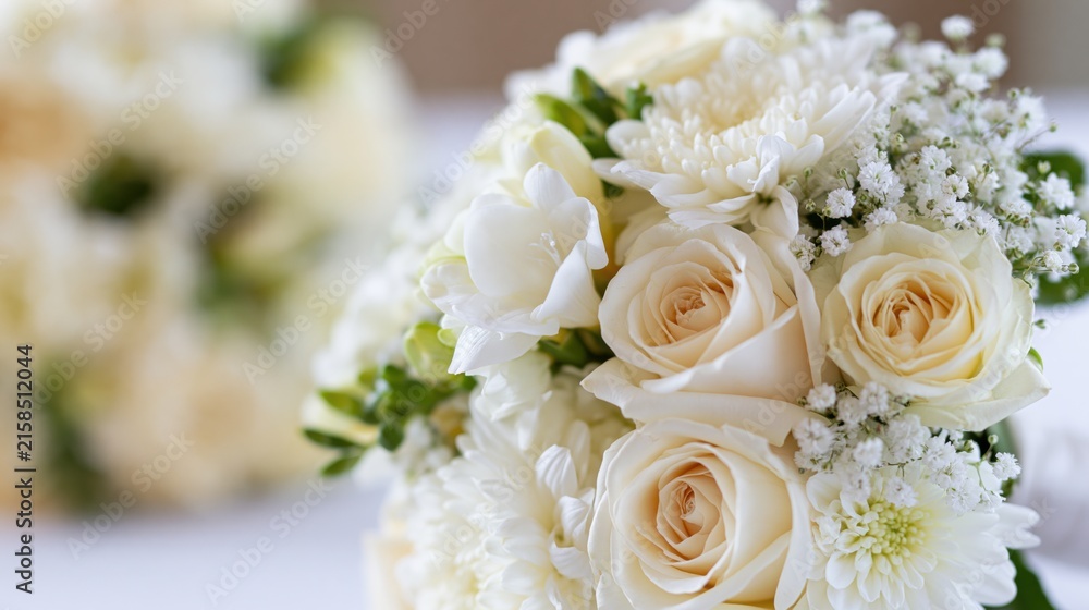 Fototapeta premium The Ivory Rose Bouquet on White Background with Baby's Breath