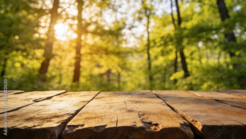 Fototapeta premium Empty Wooden Tabletop with Blurred Spring Forest Background for Product Display
