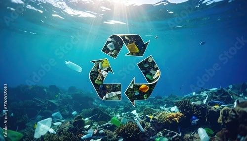 Ocean Pollution Recycling Symbol Underwater Plastic Waste Environmental Crisis.