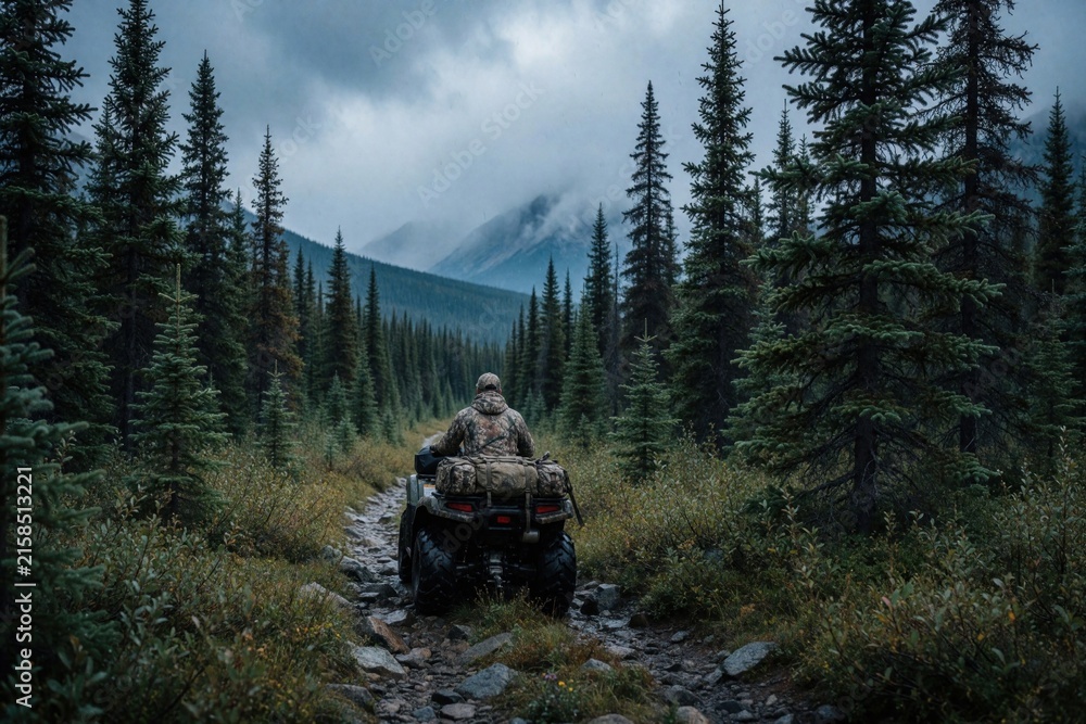 Naklejka premium Man in camo gear rides ATV on rocky forest trail. Hunter drives quad bike through rugged mountains, dense pine woods. Outdoor expedition traveler moves deep into wild wilderness during cloudy weather