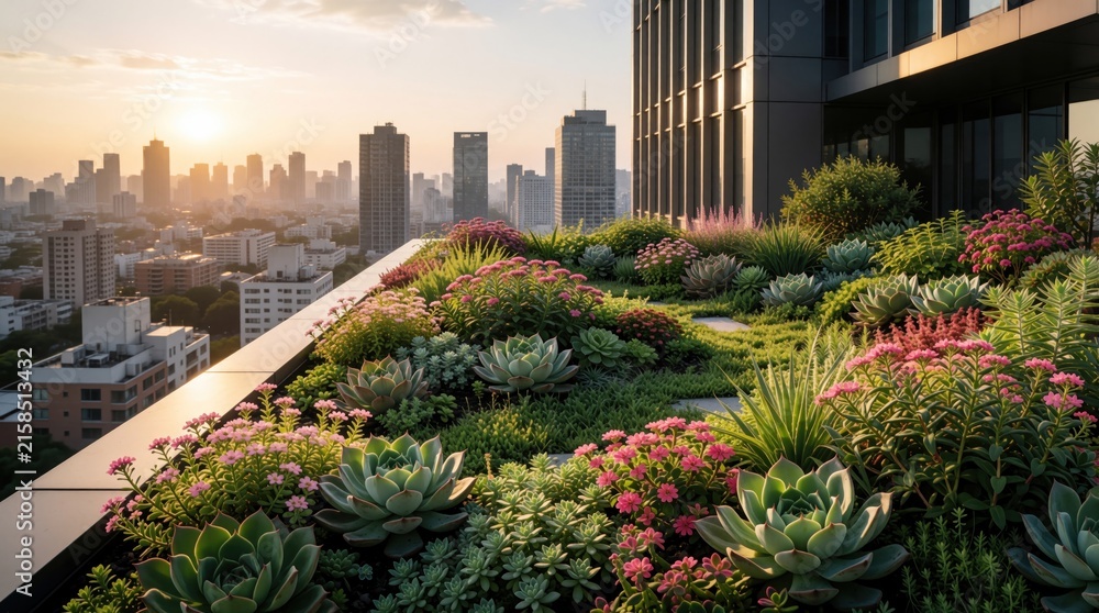 Fototapeta premium Modern rooftop garden with green plants, colorful flowers on urban building terrace. Beautiful city skyline view under sunset sky. Sustainable eco architecture design offers peaceful oasis in