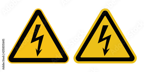 High voltage electrical warning sign design featuring sharp black lightning bolt inside triangle.