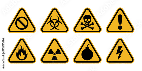 Universal safety warning triangles with black pictograms highlight hazardous materials and threats.