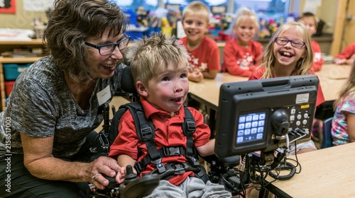 Instructor assists a child using assistive technology in a classroom.