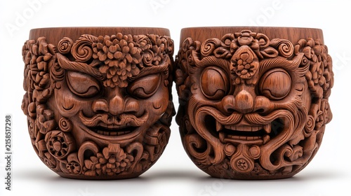 Carved wooden cups with intricate, symmetrical, ferocious facial designs